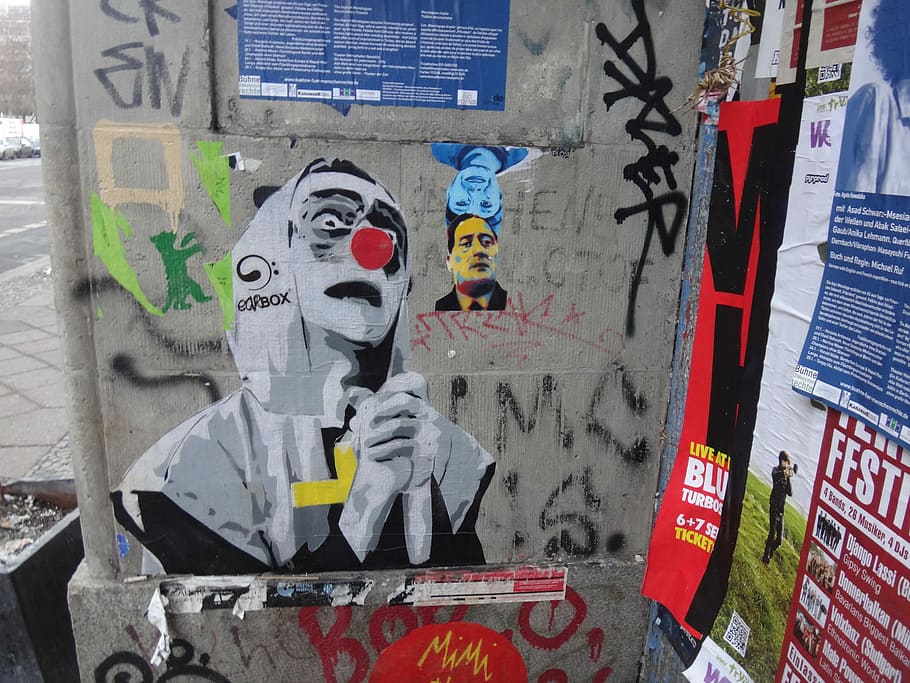 Berlim, Graff, Grafite, Kreuzberg, palhaço, rosto, texto, um homem só, dia, cidade