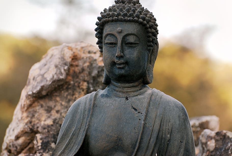 gray, sitting, close, Buddha, close up, zen, reflection, brightness, aura, peace