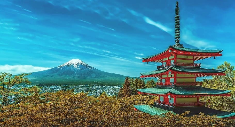 pagoda temple, surrounded, trees, japan, pagoda, fuji, volcano, fuji volcano, snow fall, mountain