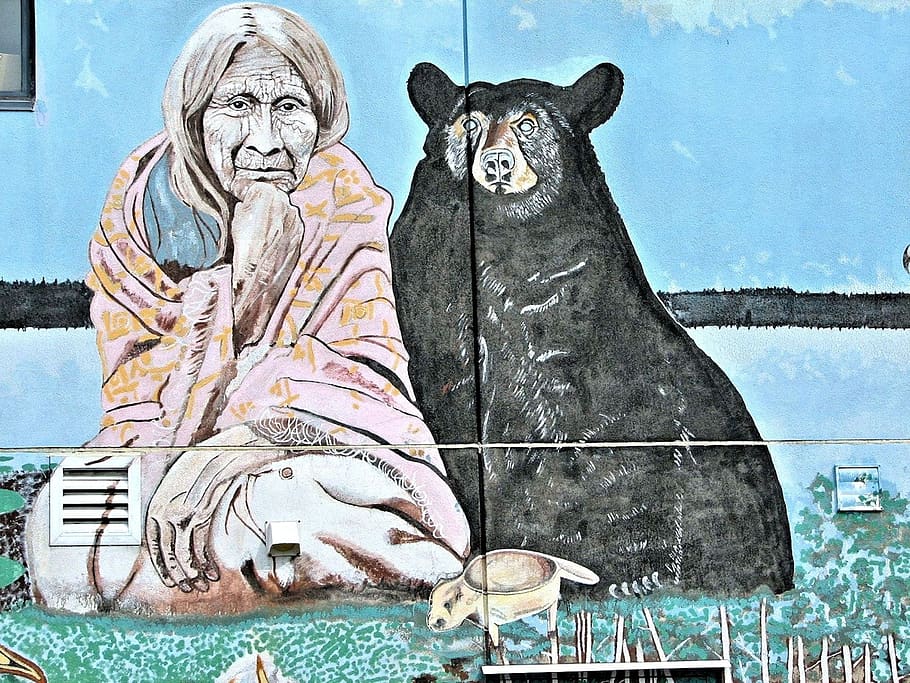 mural, native indian woman, black bear, building art, representation, human representation, art and craft, male likeness, creativity, day