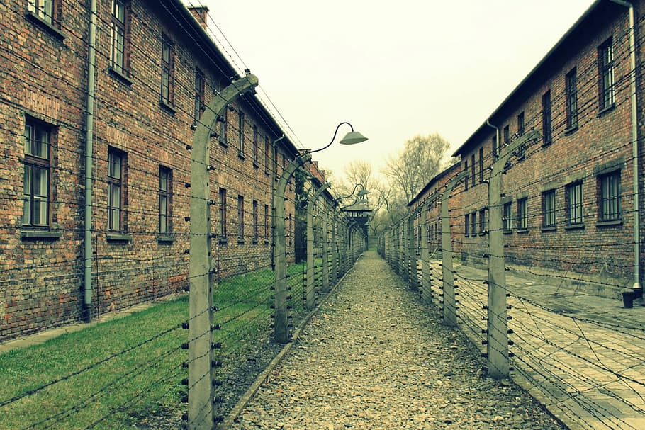 Foto de paisaje, camino, cerca de alambre de púas, edificio, Cracovia, Auschwitz, Europa, memorial, Polonia, Alemania