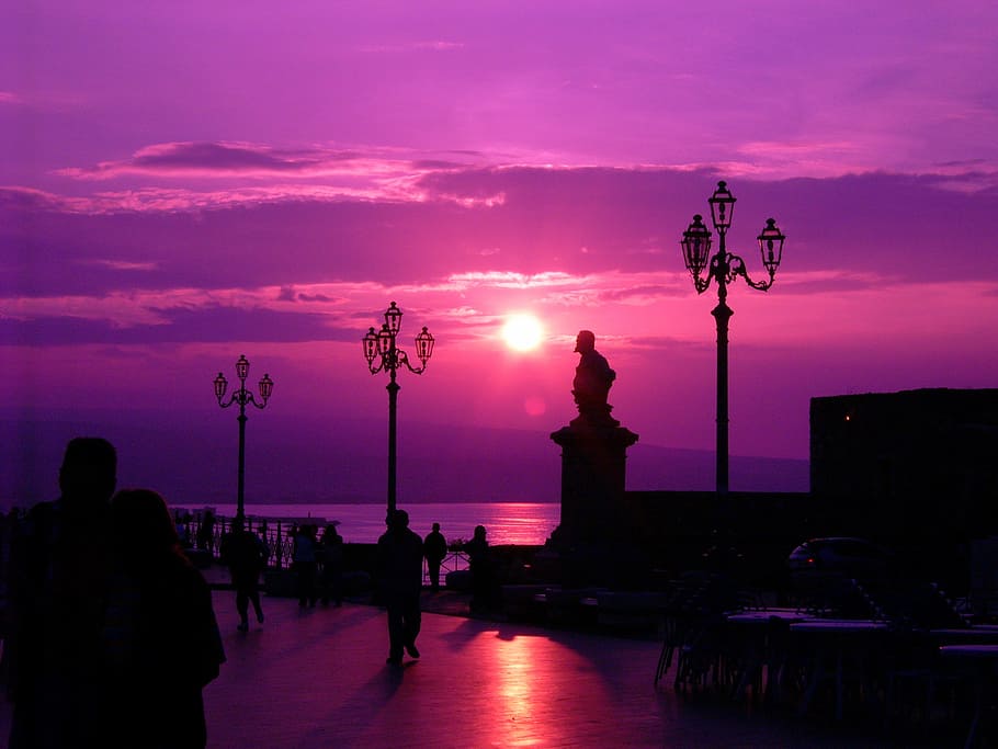 Matahari Terbenam, Pizzo, Italia, Pantai, Matahari, malam, ungu, senja, bayangan hitam, langit