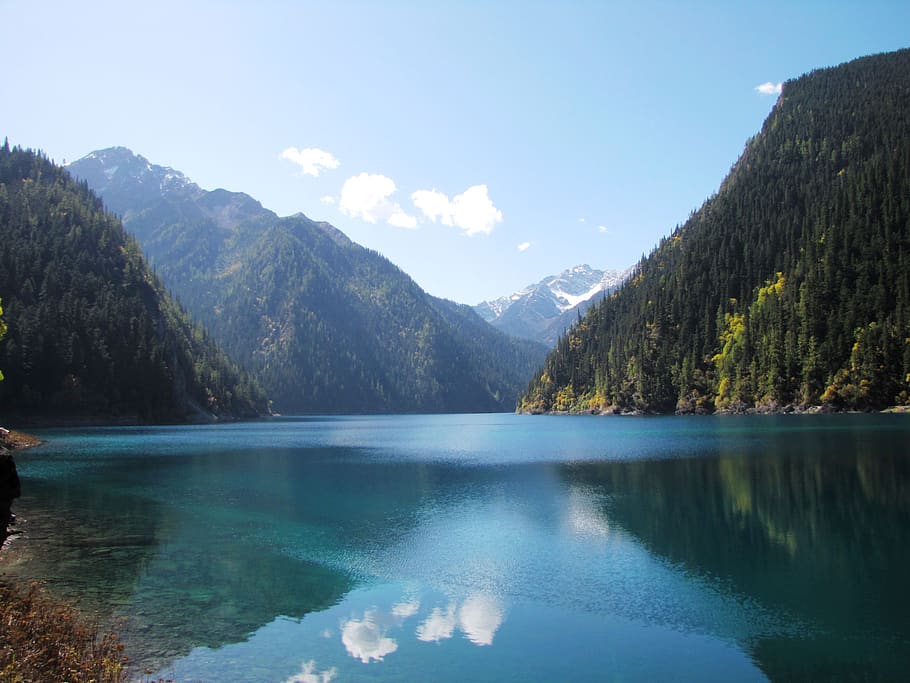 jiuzhaigou, clear water, blue sky, lake, mountain, landscape, water, scenics - nature, beauty in nature, tranquil scene
