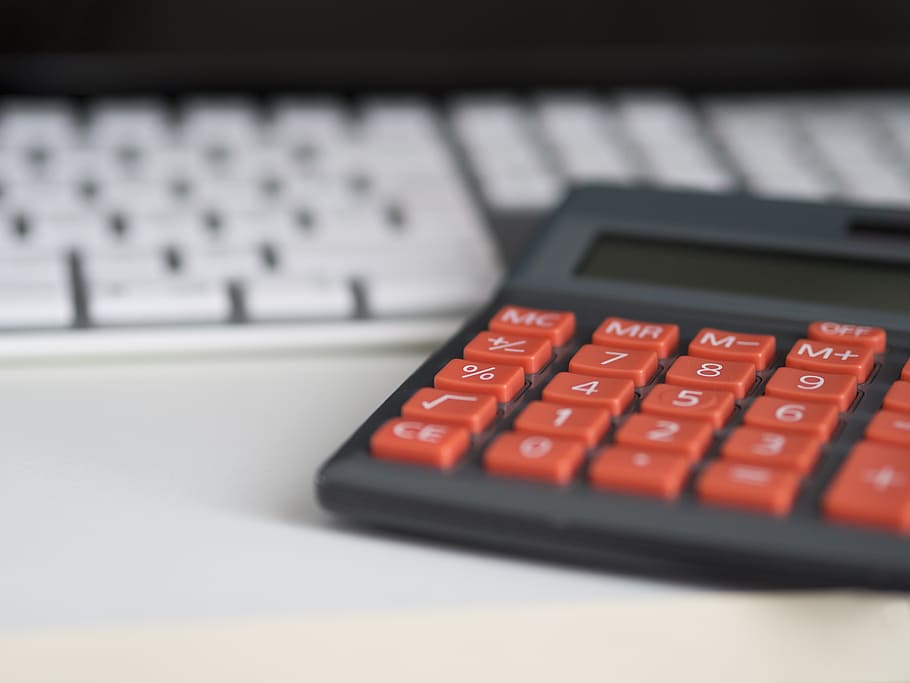 gray, orange, desk calculator, business, calculator, calculation, insurance, finance, accounting, pen
