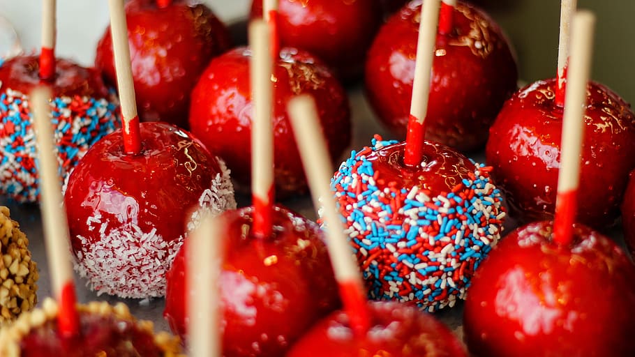 shallow, focus photography, chocolates, candy, apples, red, sweet, food, dessert, fruit