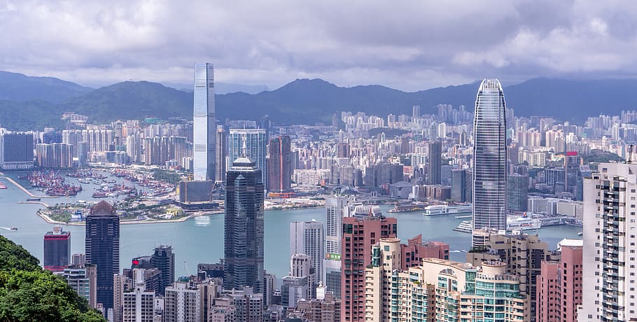 hong kong, panorama, paisaje, ciudad, edificio, bahía, montañas, rascacielos, pico victoria, torre