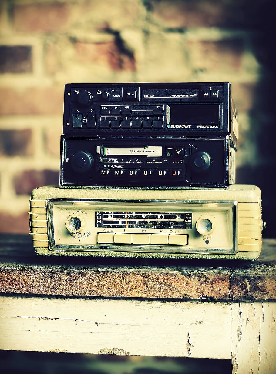 car radios, retro, generations, past, nostalgia, vintage, antique, old, radio receiver, compact cassettes