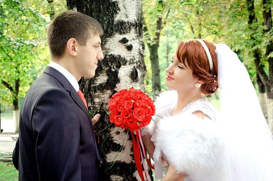 man, woman, tree, wedding, the groom, bride, fata, stroll, just married, nature