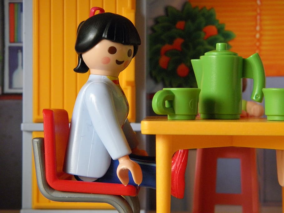 female, sitting, chair, table plastic toy, toys, playmobil, children, child, boy, play