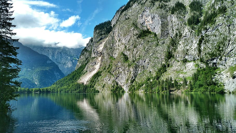 upper lake, fischunkelalm, königssee, berchtesgaden, alpine, mountains, lake, mirroring, sky, clouds