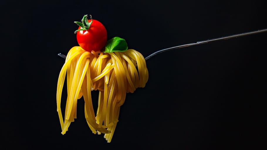 digulung, pasta, abu-abu, garpu logam, merah, ceri, tomat, spageti, mie, Italia