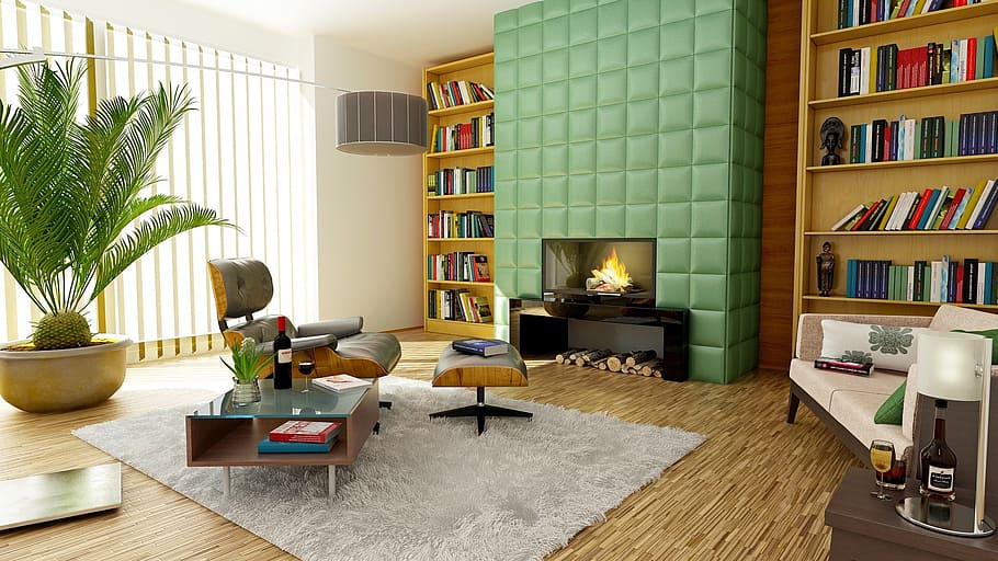 gris, sillón reclinable de sofá de cuero, frontal, torneado, plano, pantalla tv, chimenea, apartamento, habitación, diseño de interiores