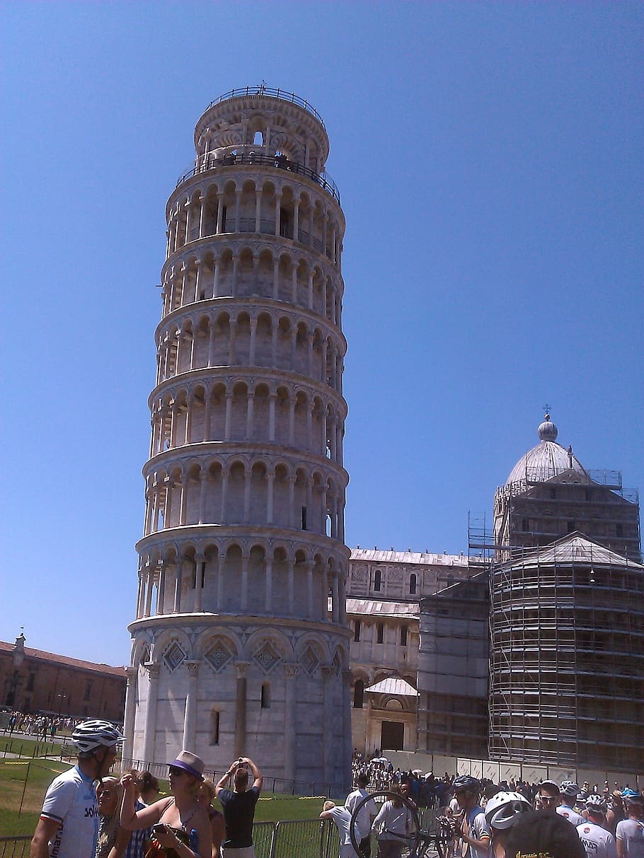 torre, pisa, blue sky, middle ages, tourists, crazy, built structure, architecture, building exterior, group of people