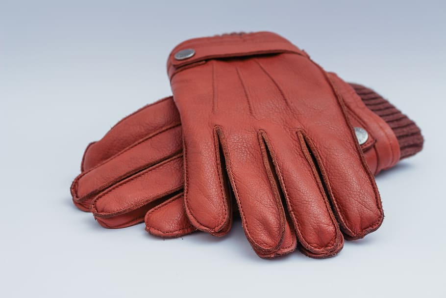 pair, red, leather gloves, mens leather gloves, brown, apparel, studio shot, indoors, white background, close-up