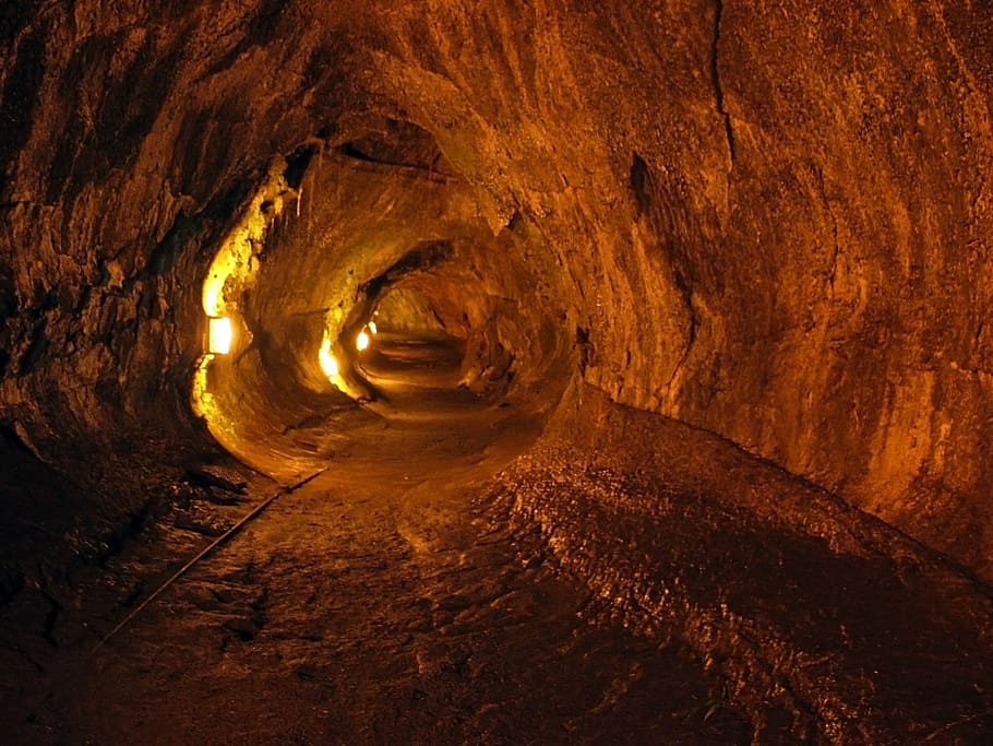 empty, brown, cave, turned, tunnel lights, turned on, tunnel, lights, thurston lava tube, lava flow