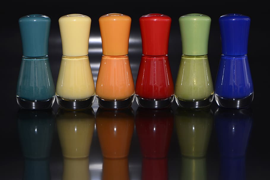 closeup, six, assorted-color, ceramic, condiments shakers, nail varnish, color, paint, nails, toe nails