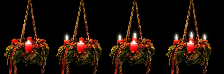 cuatro, candelabros verdes y rojos, adviento, navidad, tiempo de navidad, corona de adviento, velas, luz de velas, decoración navideña, motivo navideño