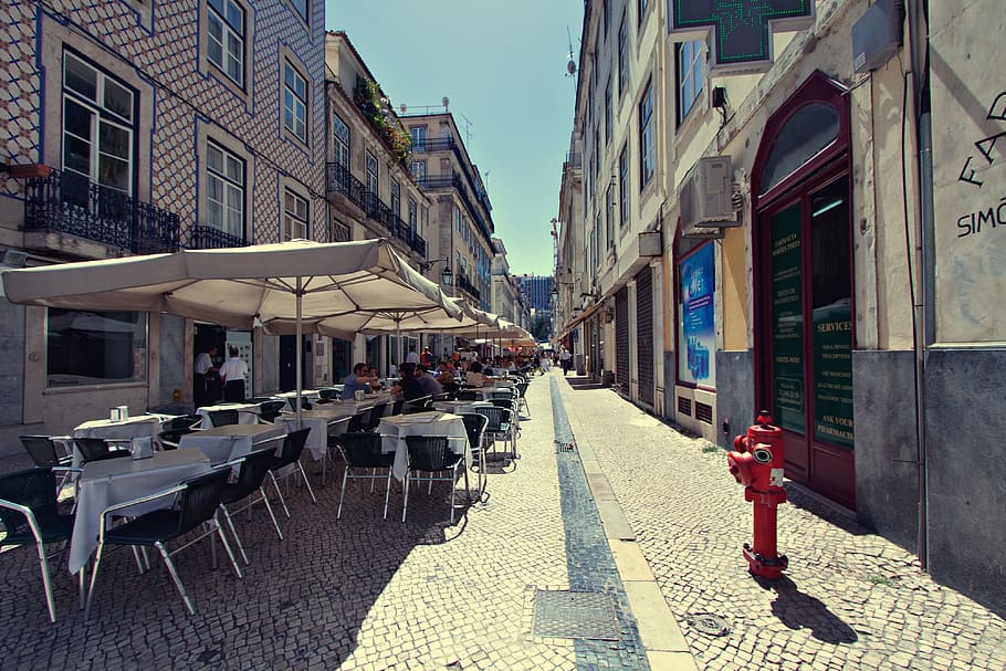 local de pessoas, fora, restaurante, ao ar livre, refeições, pessoas, Lisboa, Portugal, refeições ao ar livre, urbano