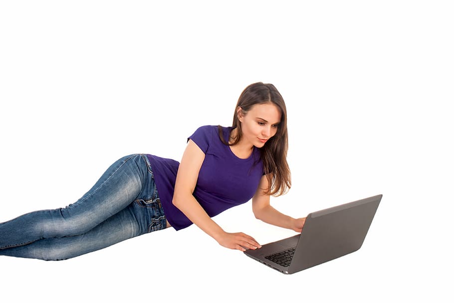 woman, purple, shirt, holding, gray, laptop computer, notebook, girl, lies, silhouette
