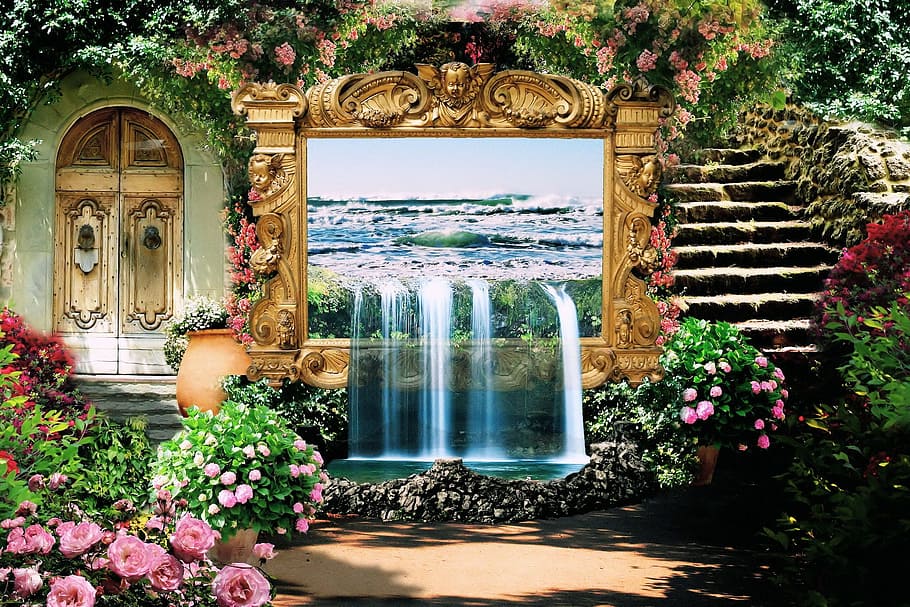 waterfalls painting, garden, flowers, fantasy, remix, pixabay, design, flora, plant, architecture