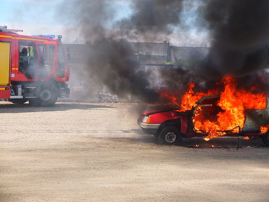 burning, vehicle, firetruck, daytime, Firefighter, Relief, Car, On Fire, fire, car on fire
