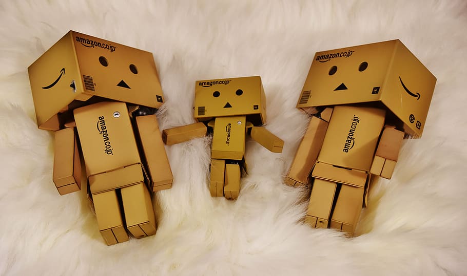 three, brown, box characters, white, fur cloth, danbo, family, mother, father, child