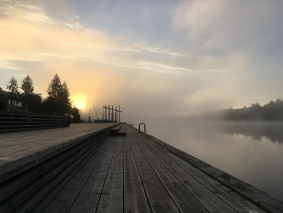 skellefteå, niebla, puente, agua, suecia, otoño, cielo, madera - material, puesta de sol, belleza en la naturaleza