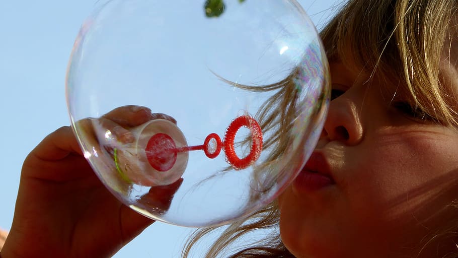 girl, making, bubble, daytime, soap bubbles, children, games, fly, burst, blow
