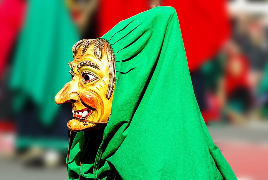 orang, memakai, topeng, tertutup, hijau, tekstil, karnaval, penyihir, warna-warni, kostum