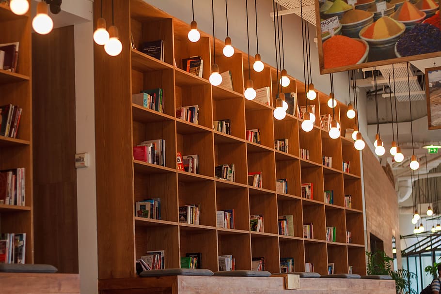 string lights, hanging, brown, wooden, shelves, light, bulb, book, library, education