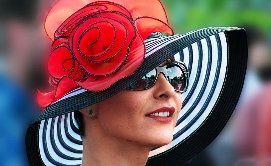 selective, focus photography, woman, wearing, sunglasses, sun hat, lady, oaklawn, derby, portrait