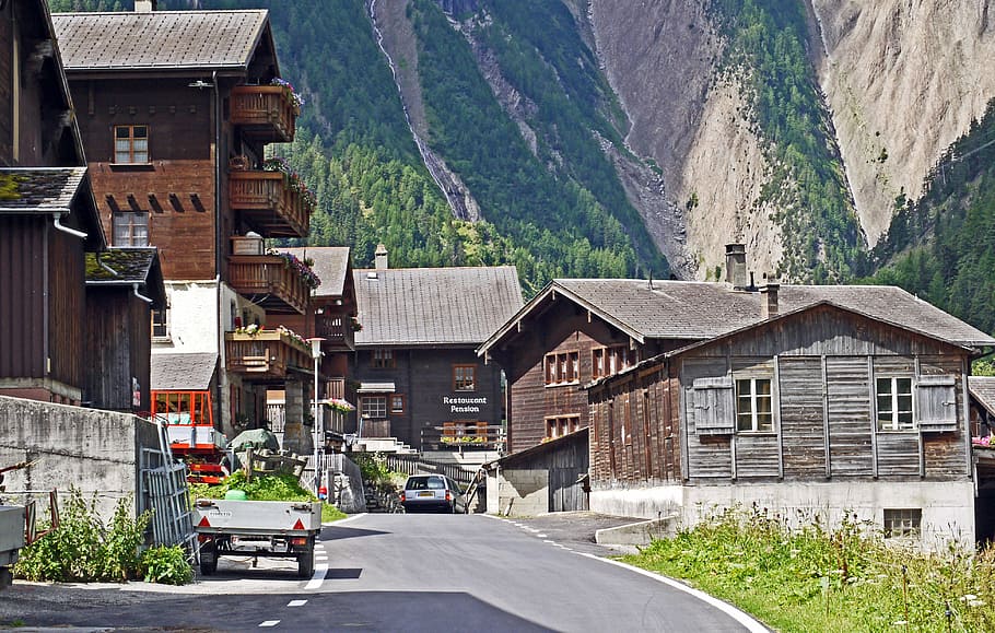 Switzerland, Valais, Bergdorf, wooden houses, mountains, slope, mountainside, tributary, balconies, quaint
