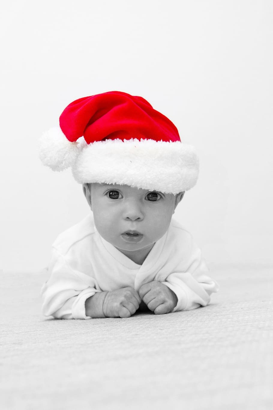 グレー, スケール写真, 赤ちゃん, 身に着けている, サンタクロース, 父のクリスマス, ブラックホワイト, クリスマス, 祝う, セッション