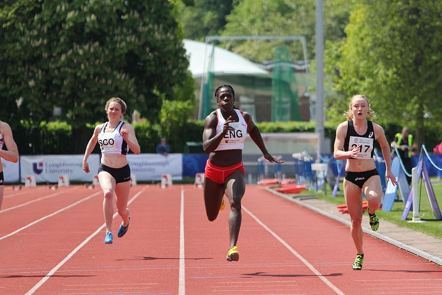 three, women, running, track, anyika onuora, 100 metre, finishing, first, race, athletics