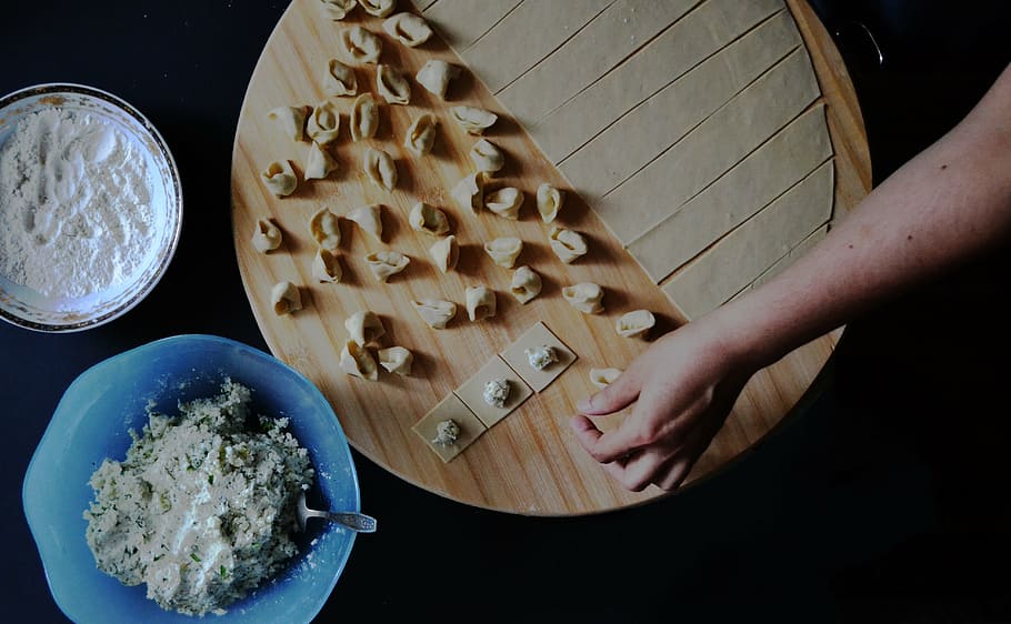 dough, chopping, board, person, making, manti, cooking, kitchen, chef, pasta