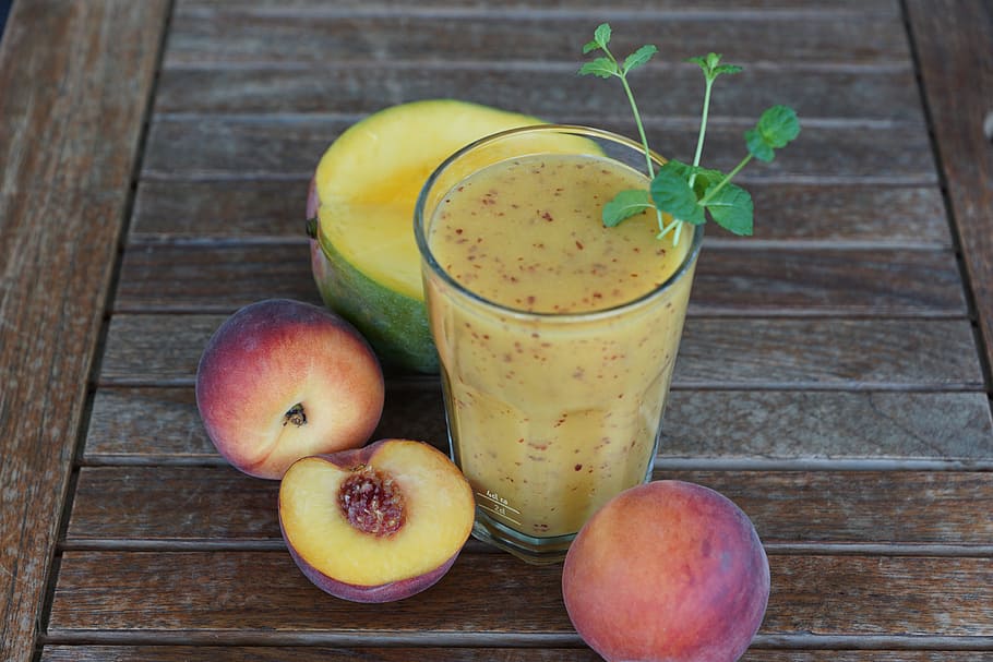 juice, drinking glass, smothie, fruit, drink, glass, healthy, peach, mango, nutrition