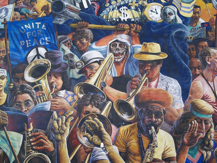 group, people, unite, peace, playing, wind instrument painting, Jazz, Mural, Instruments, Painting