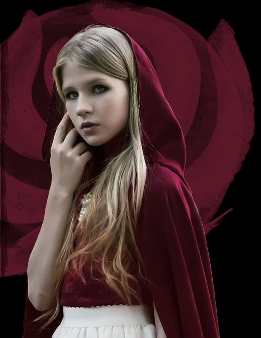 girl, wearing, red, hood, cloak, rose, flower, fantasy, blonde, dark