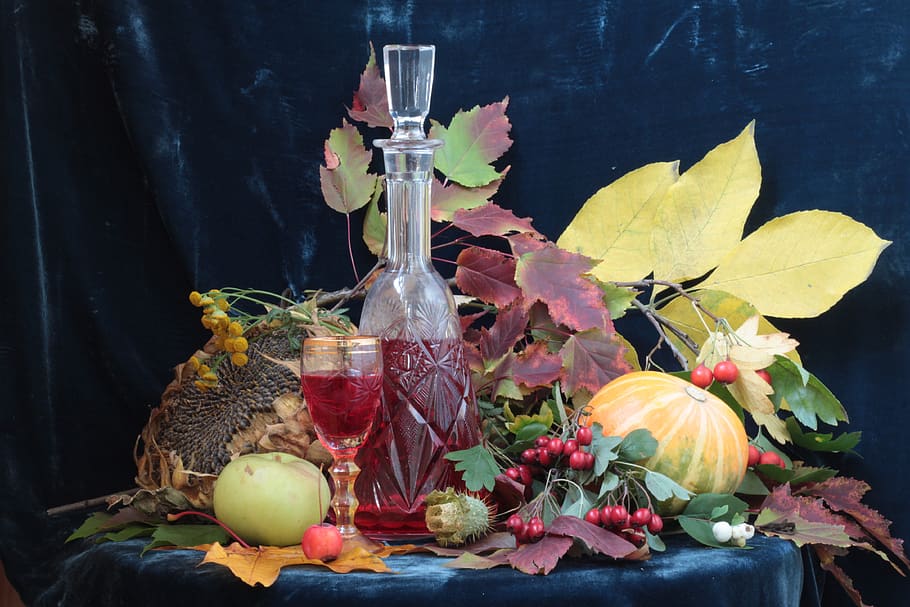 autumn, still life, apples, fresh, yellow, decanter, glass, leaves, pumpkin, plant part
