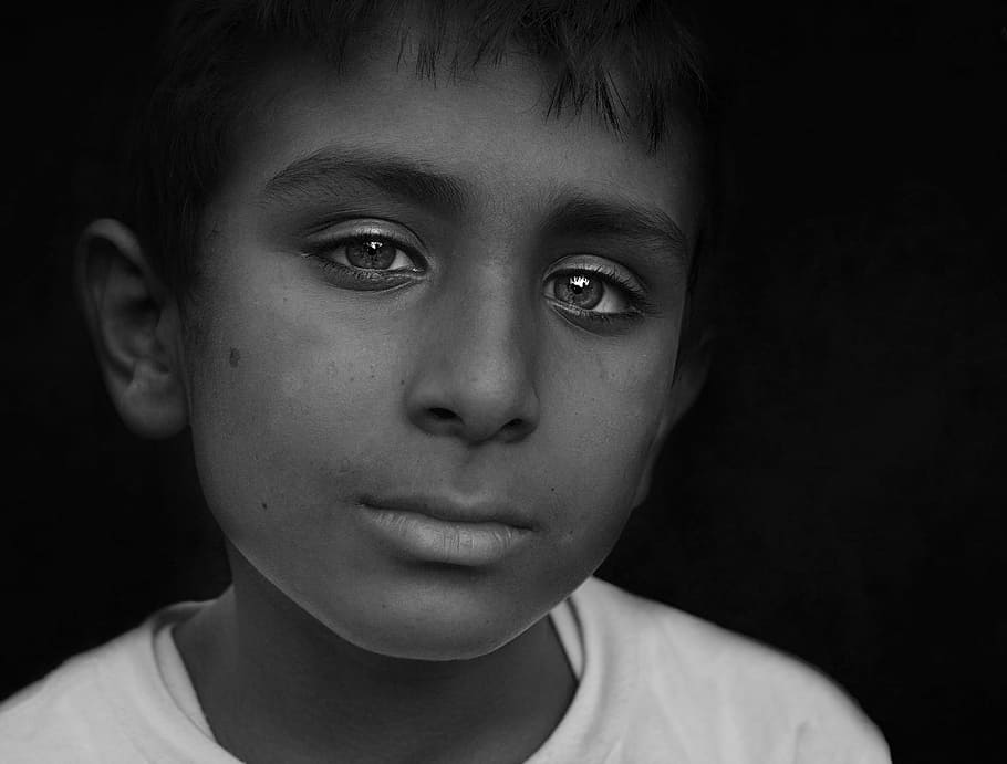 grayscale photography, boy, child, young, face, handsome, portrait, people, street, headshot