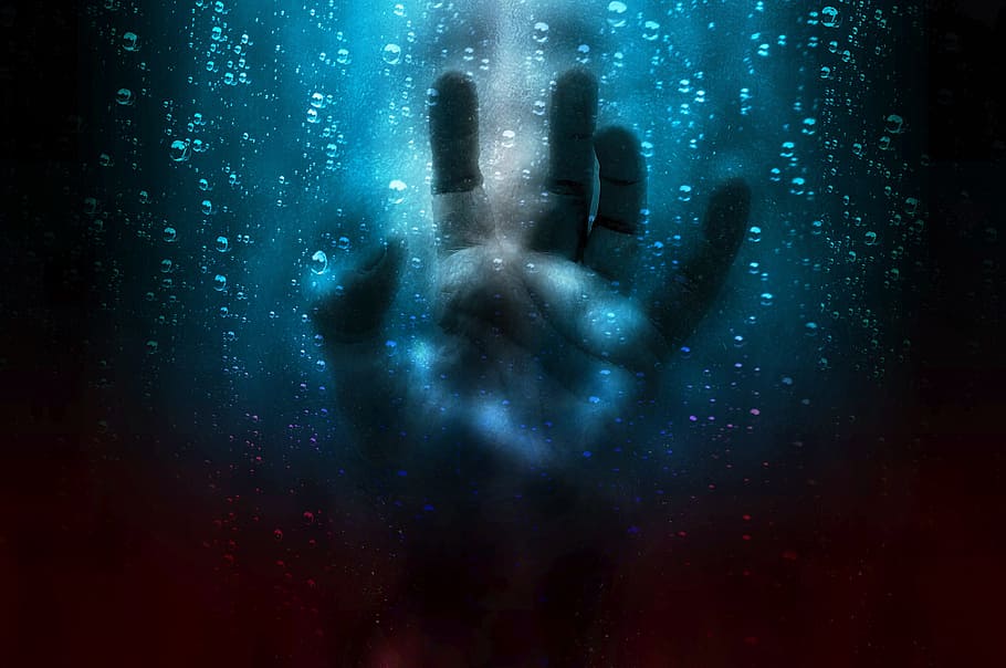 left, human, hand, touching, blue, screen, fear, despair, expression, scared