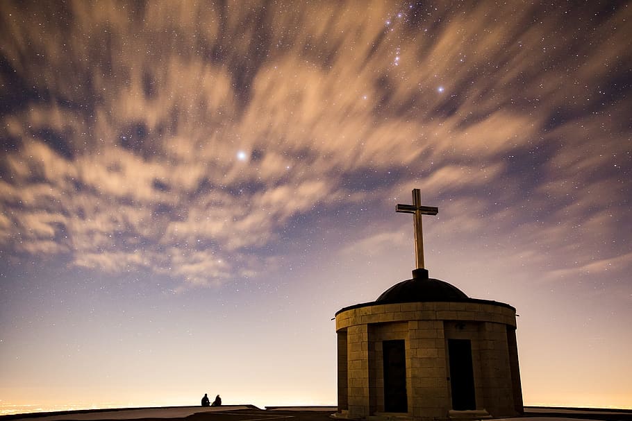 gray, concrete, church, white, cloudy, sky, starry sky, people silhouette, cross, christian