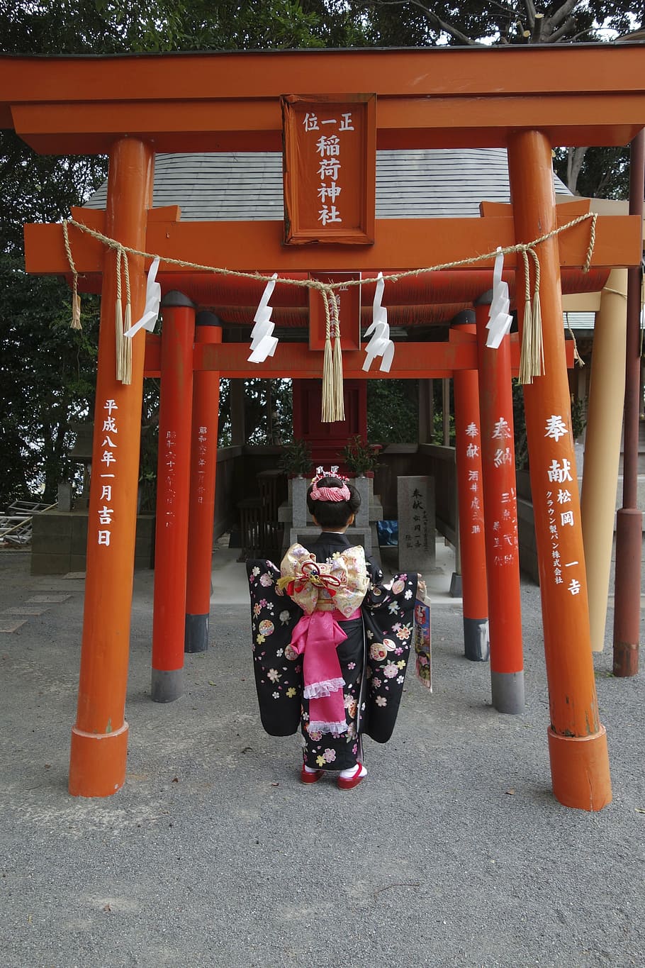girl, standing, orange, frame, 753, shrine, inari, kimono, japan, japanese Culture
