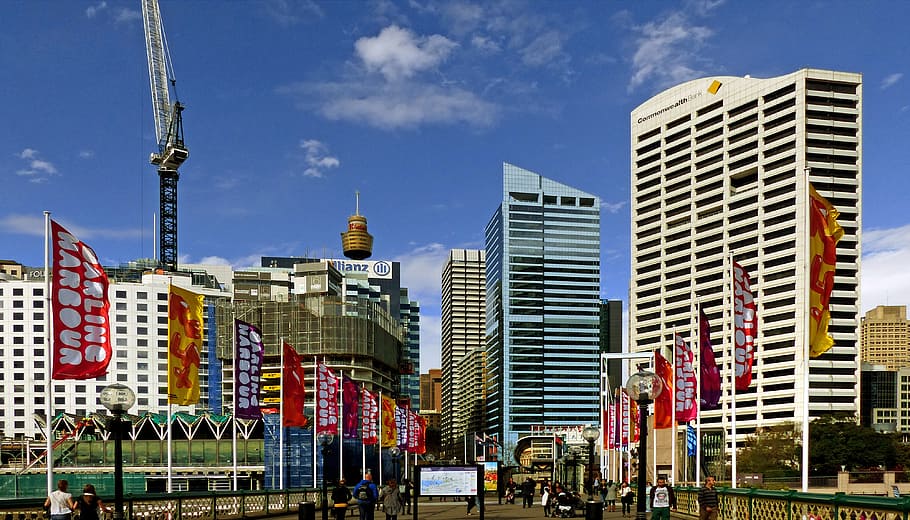 Sydney, Darling Harbour, area, road, pole, banners, buildings, building exterior, built structure, architecture