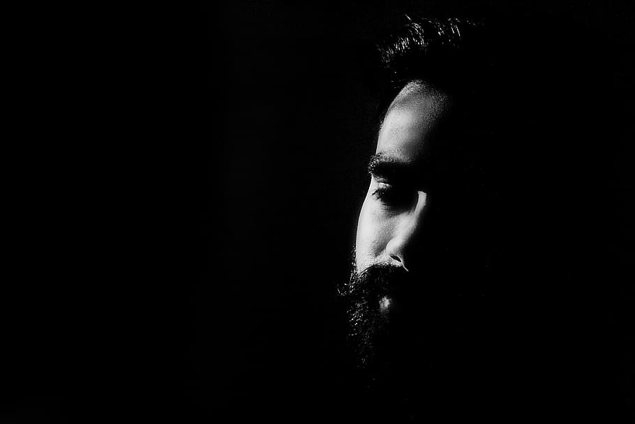 untitled, face, high contrast, black and white, bearded man, male, one person, black background, adults only, headshot