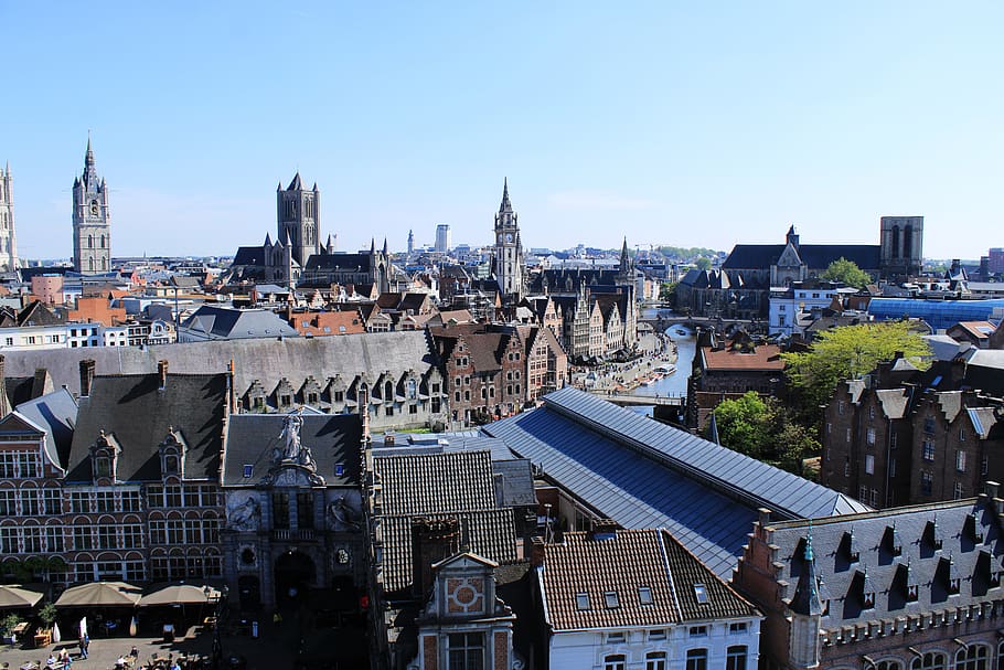 belgium, ghent, gent, sky, city, high, castle of the counts, gravensteen, the belfry of ghent, bavo cathedral