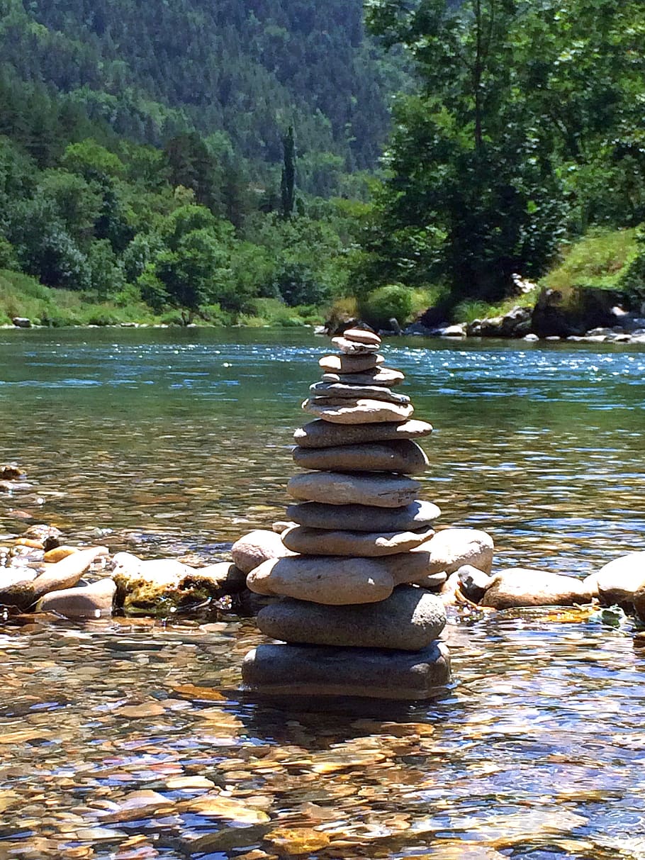 Balanse, batu, sungai, lembah, jurang, menara batu, mengalir, air, lanskap sungai, meditasi
