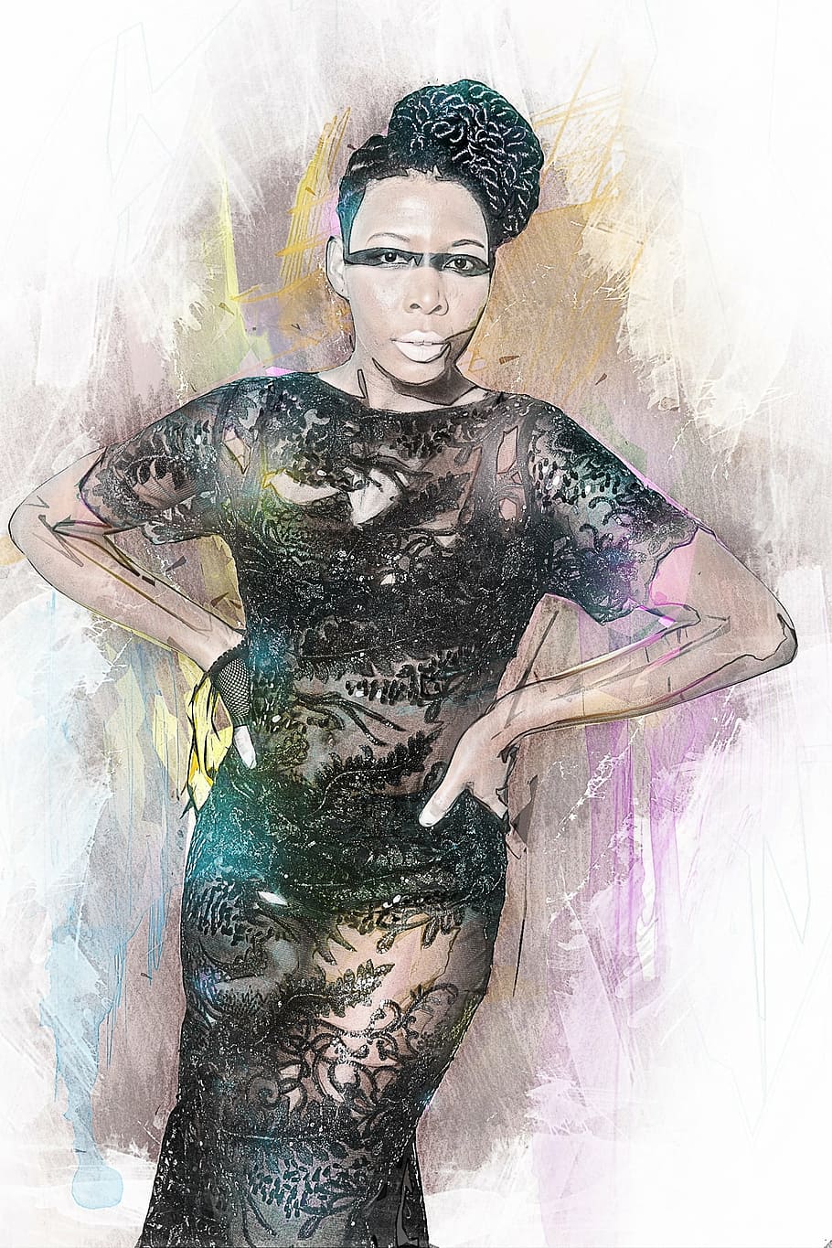 mujer, negro, ilustración de boceto de vestido con cuello de barco, afroamericano, salón, hipster, modelo, piel negra, moda, maquillaje