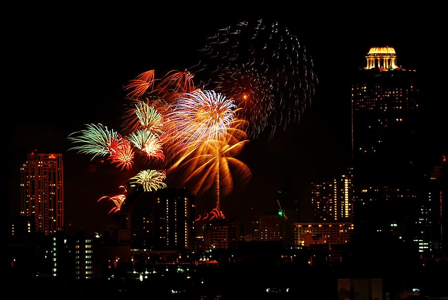 menyala, kembang api, dikelilingi, bangunan, Firework, Festival, Bangkok, Thailand, perayaan, meriah