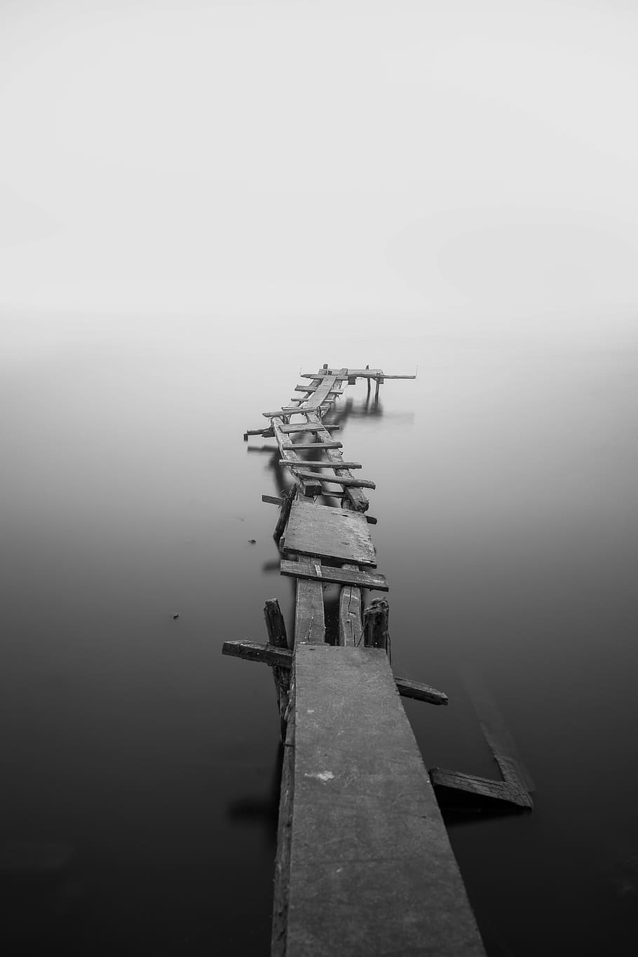 gray, river dock, fog, grayscale, wooden, dock, nature, water, still, calm